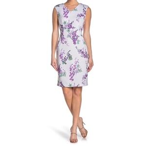 Tahari Floral Sheath Dress Ivory Purple Cap Sleeve Size 4 NEW With Tag